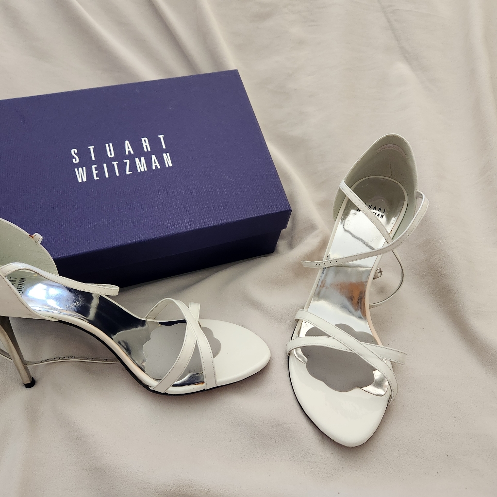 Stuart Weitzman White Patent Leather & Silver Heels 11m Ankle Strap Orig $425